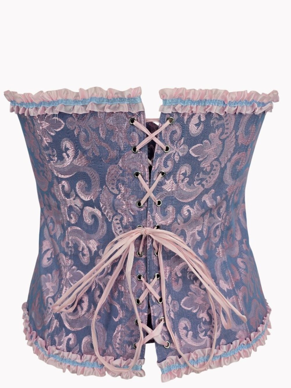 Women's 6XL Blue Pink Brocade Corset Top Lace Up Back Ruffle Ribbon Bustier